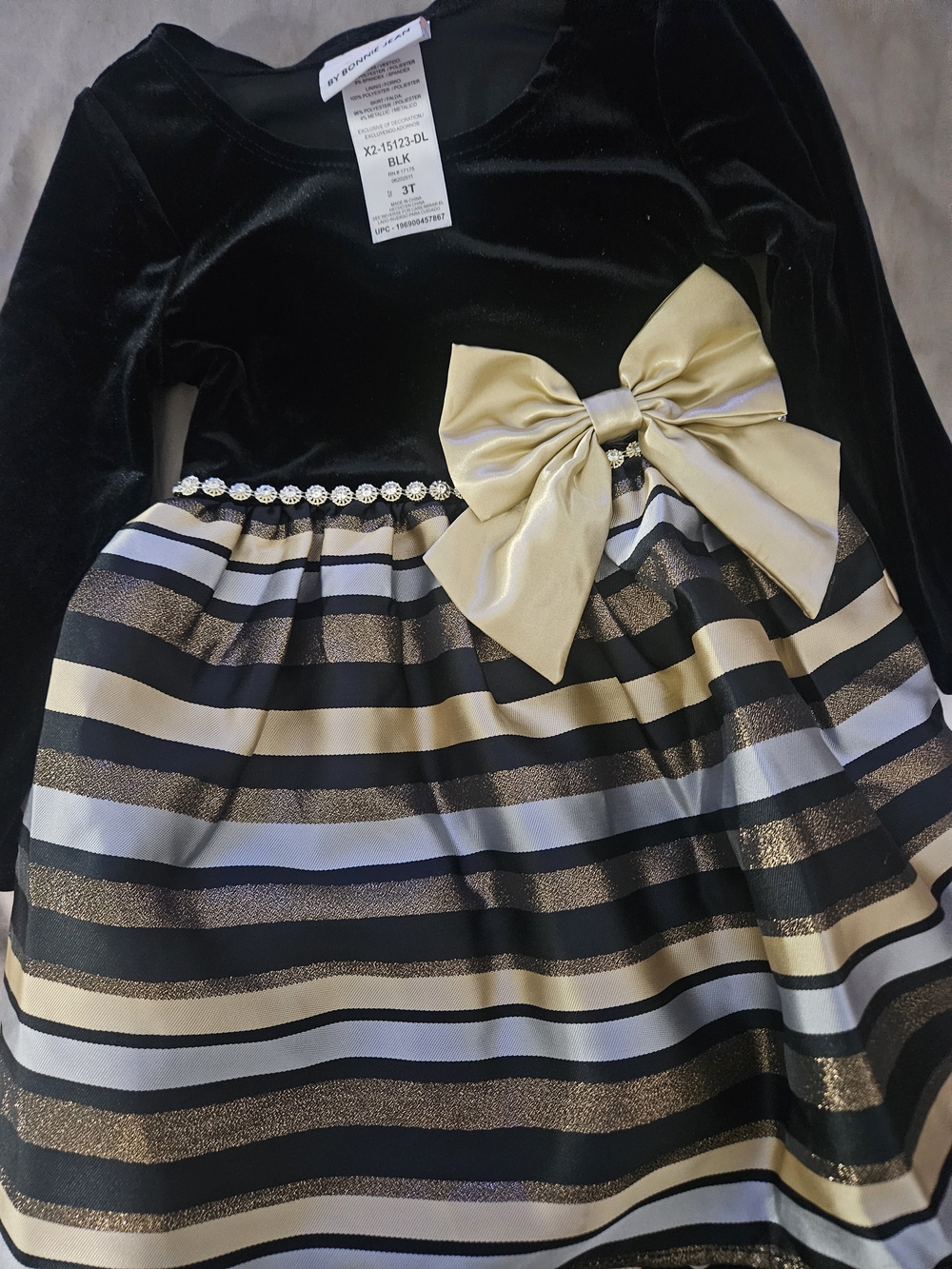 Bonnie Jean Black and Gold Striped Holiday Dress with Bow